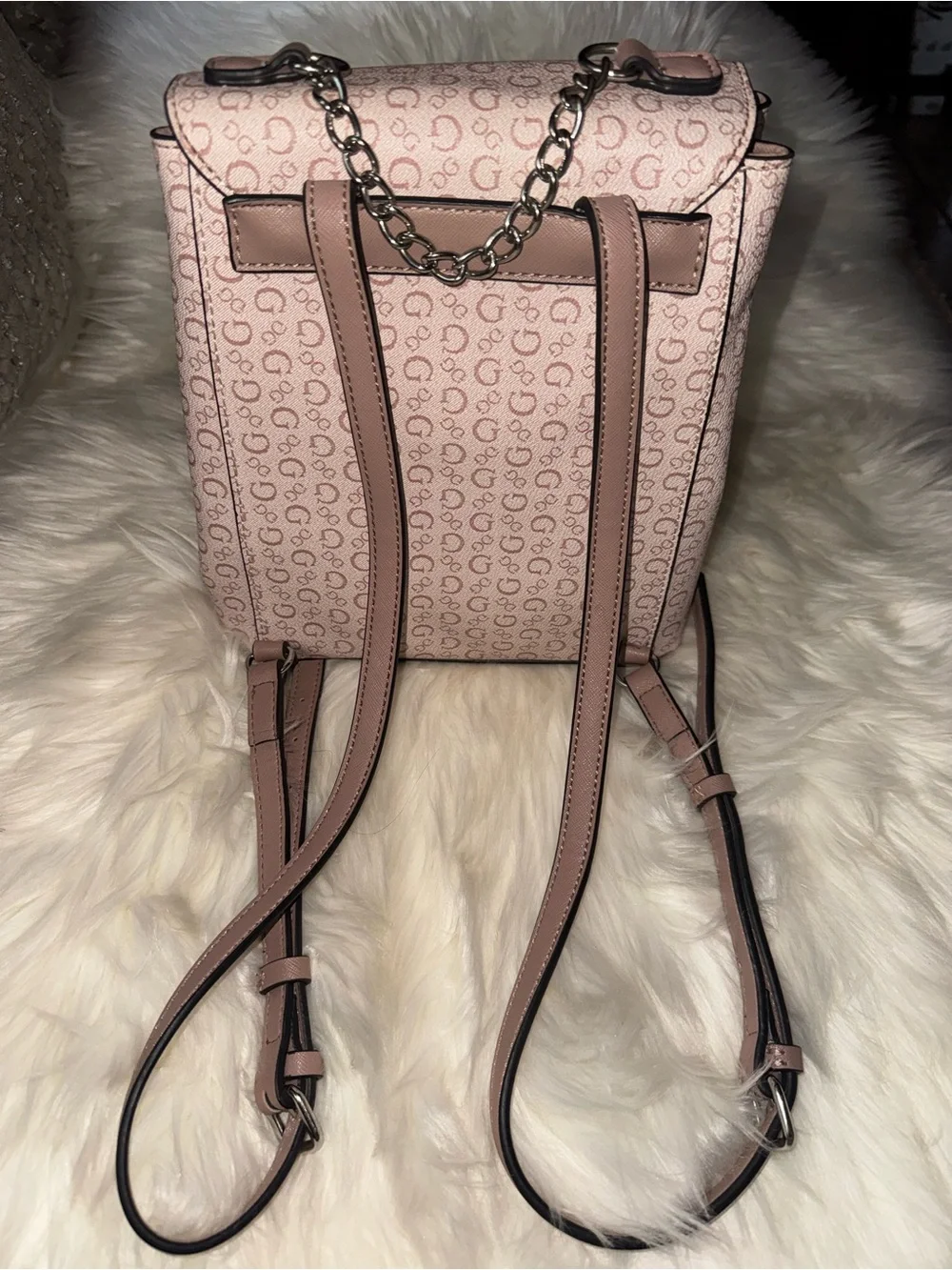 GUESS Blush Pink Signature Chain Detail Backpack